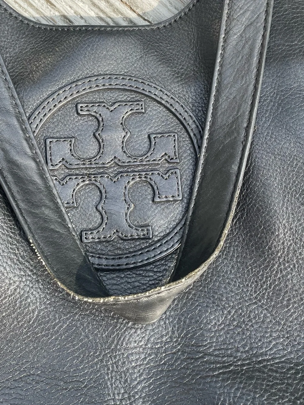 Tory Burch Black Leather Logo Tote with Gold-Tone Accents